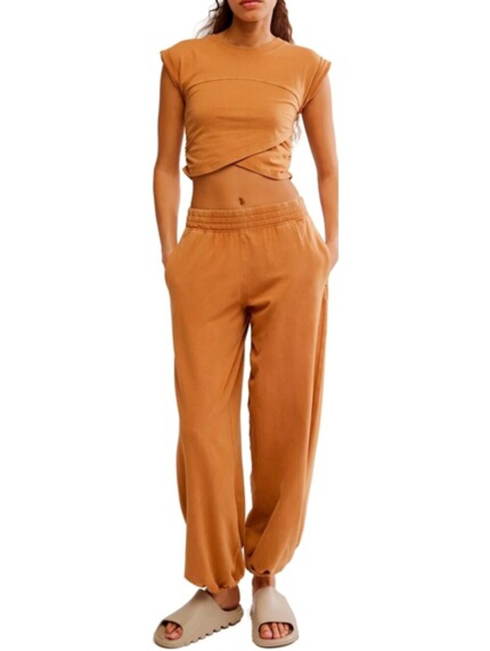 Free People Brown Crop Top and Jogger Pants Set sz XL
